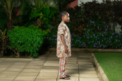 Nomvula African Print Kimono Jacket & High-Waist Pants Set – Elegant Two-Piece Ankara Ensemble for Girls