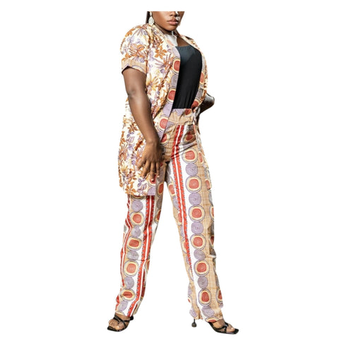 Nomvula African Print Kimono Jacket & High-Waist Pants Set – Elegant Two-Piece Ankara Ensemble for women