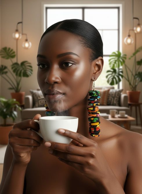 NUBIA Royale tiered chandelier Ankara button drop earrings