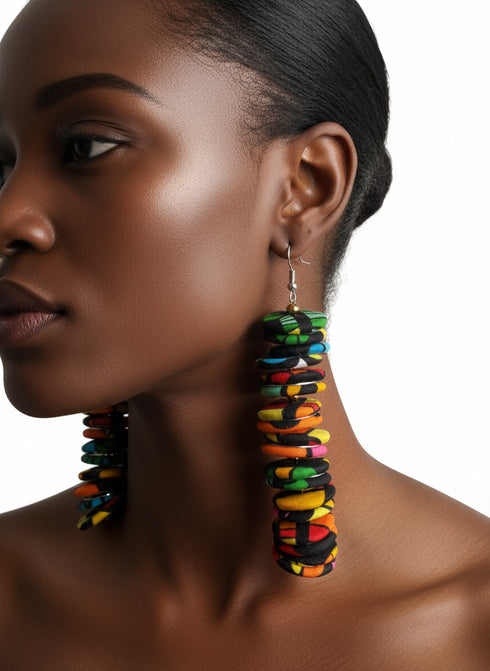 NUBIA Royale tiered chandelier Ankara button drop earrings