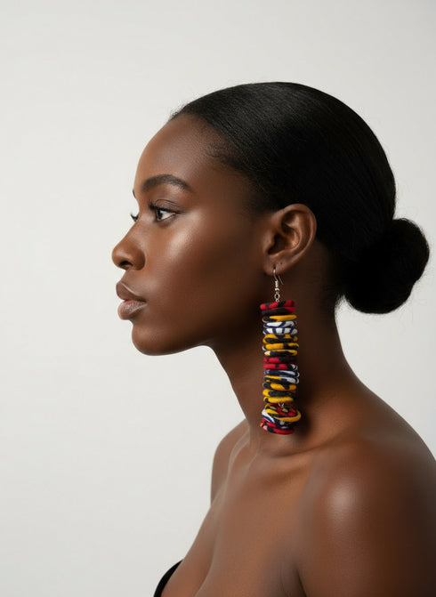 NUBIA Royale tiered chandelier Ankara button drop earrings