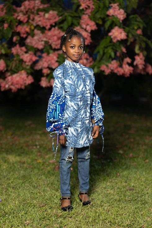 Olanna Girl's Blue & White Ankara Print High-Neck Balloon Sleeve Blouse – African Statement Top