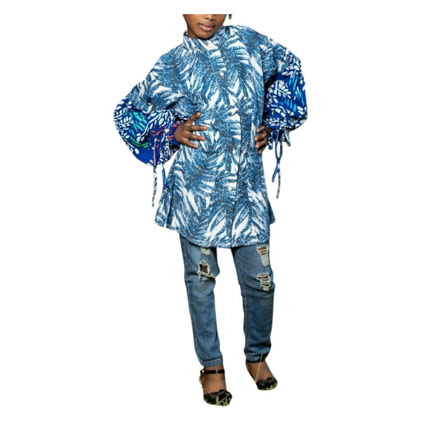 Olanna Girl's Blue & White Ankara Print High-Neck Balloon Sleeve Blouse – African Statement Top