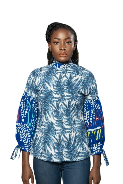 Olanna Women’s Blue & White Ankara Print High-Neck Balloon Sleeve Blouse – African Statement Top