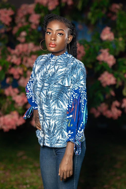 Olanna Women’s Blue & White Ankara Print High-Neck Balloon Sleeve Blouse – African Statement Top