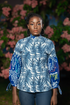 Olanna Women’s Blue & White Ankara Print High-Neck Balloon Sleeve Blouse – African Statement Top