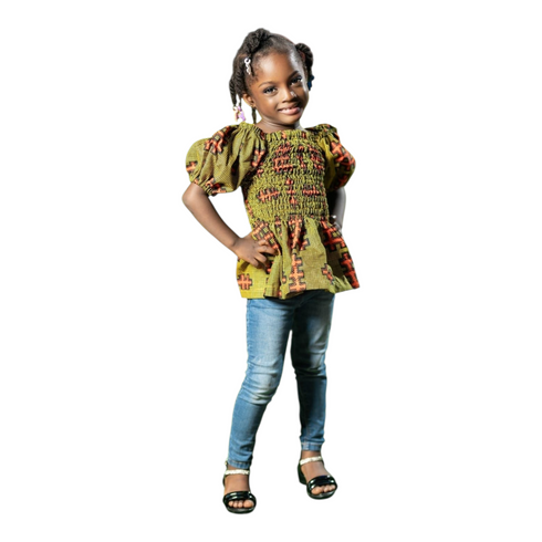 Ophira Smocked Elastic Ankara Peplum Blouse for Girls - Top Only