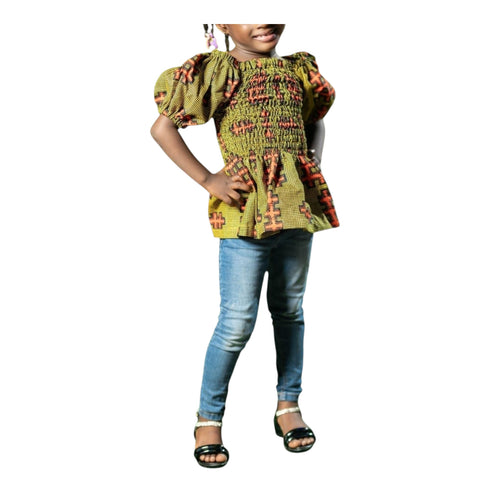 Ophira Smocked Elastic Ankara Peplum Blouse for Girls - Top Only