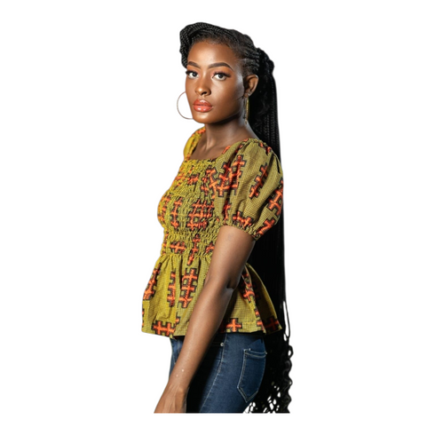 Ophira Smocked Elastic Ankara Peplum Blouse for Women - Top Only