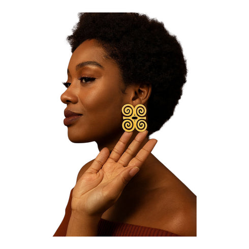 Dwennimmen Oversized / Exaggerated Gold Adinkra Spiral Earrings – Handmade African Statement Jewelry for Women