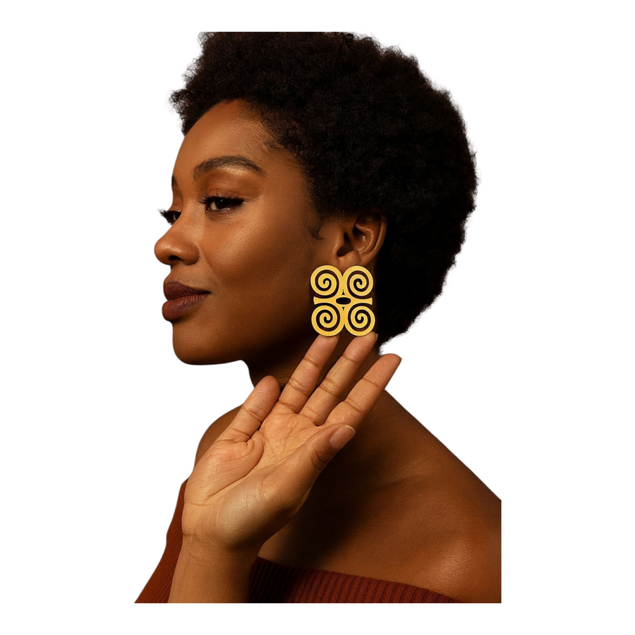 Dwennimmen Oversized / Exaggerated Gold Adinkra Spiral Earrings – Handmade African Statement Jewelry for Women
