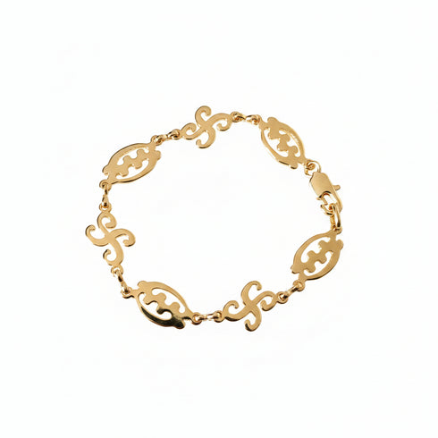 Gold bracelet with intricate design on a white background