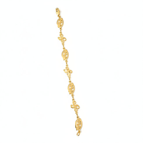 Gold bracelet with intricate designs on a white background