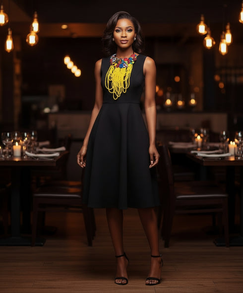 Regal Cascade Buttoned Beadwork Ankara Necklace – African Statement Choker- Medium