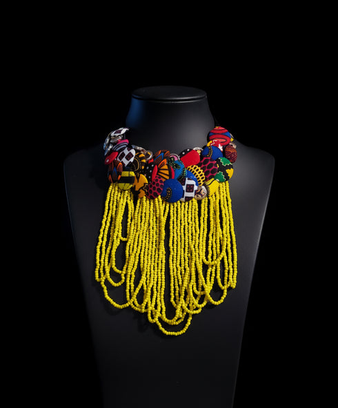 Regal Cascade Buttoned Beadwork Ankara Necklace – African Statement Choker- Medium