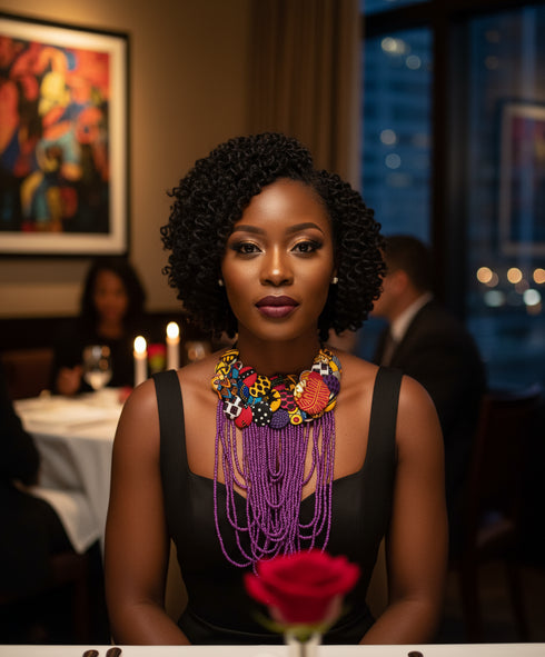 Regal Cascade Buttoned Beadwork Ankara Necklace – African Statement Choker- Medium