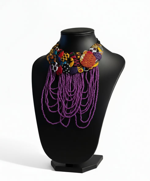 Regal Cascade Buttoned Beadwork Ankara Necklace – African Statement Choker- Medium