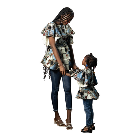 Renée Layered-Frill Belted Ankara Blouse for Girls – Geometric Print Top Only