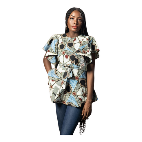 Renée Layered-Frill Belted Ankara Blouse for Women – Geometric Print Top Only