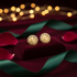 Gold earrings on a red cushion with blurred lights and ribbons in the background