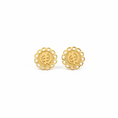 Pair of gold earrings with intricate designs on a white background