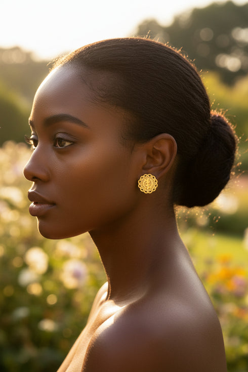 Gold earrings on a marble surface