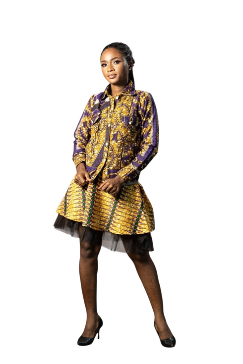 SENAIT Women Two-Piece Ankara Flare Mini Top and Layered Tulle Hem Skirt.