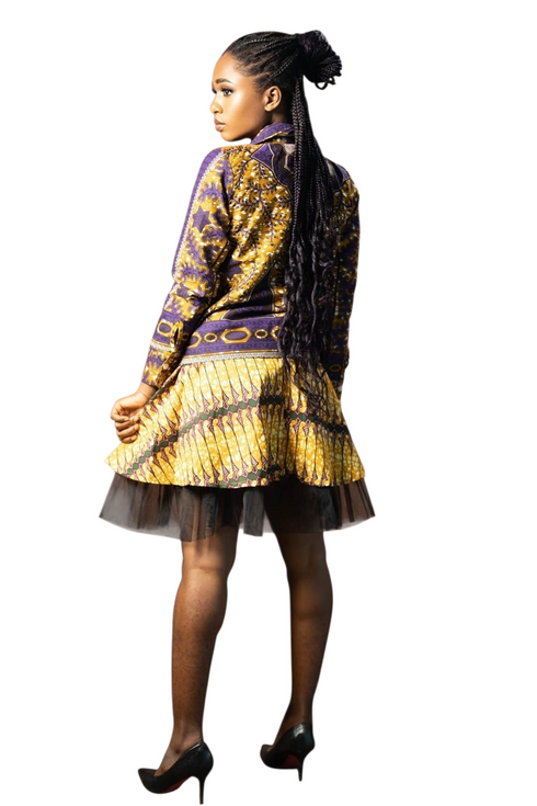 SENAIT Women Two-Piece Ankara Flare Mini Top and Layered Tulle Hem Skirt.
