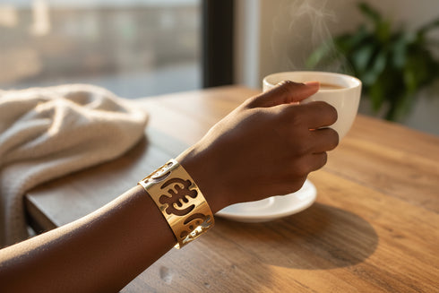 Gold bracelet with cut-out design on a marble surface