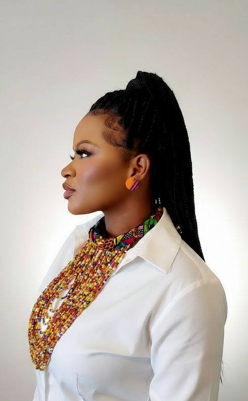 Sade Cascade Buttoned Beadwork Multi-Strand Ankara Necklace - African Statement Choker