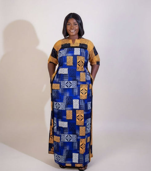 MALAYA African Print Two Fabric Color Block Boubou Kaftan Maxi Dress With Contrast Side Panels and Pockets