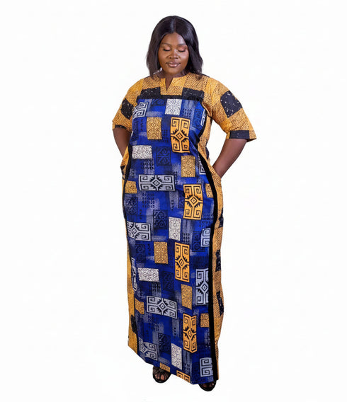 MALAYA African Print Two Fabric Color Block Boubou Kaftan Maxi Dress With Contrast Side Panels and Pockets