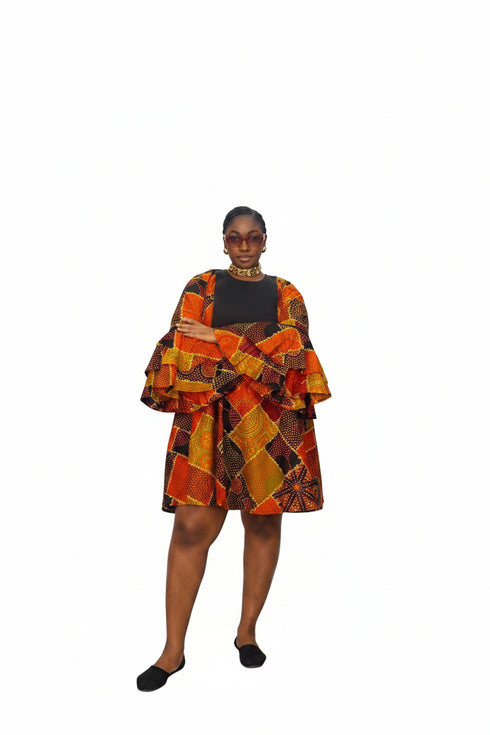 LIORA Luxury 100% Cotton Ankara and Aso Oke Exaggerated Ruffle Sleeve Full Flare Mini Dress With Pockets