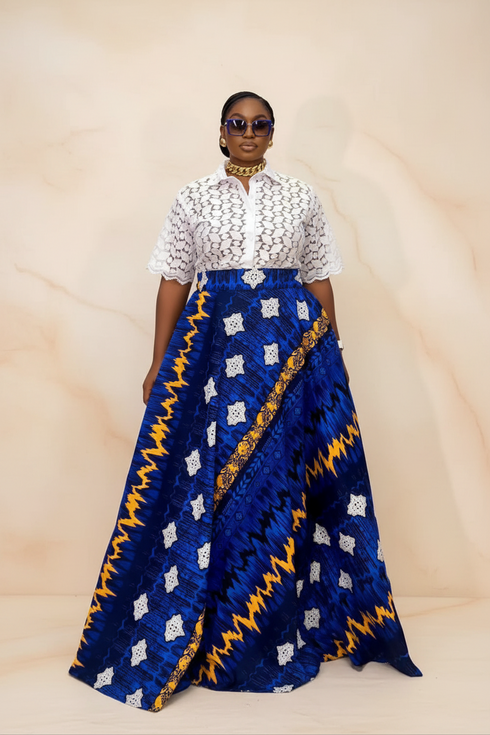 AZURE STAR White Lace Button-Up Blouse and Royal Blue Ankara High-Waist Flowy Maxi Skirt African Two Piece Set