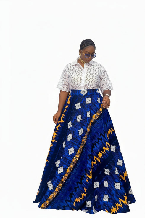 AZURE STAR White Lace Button-Up Blouse and Royal Blue Ankara High-Waist Flowy Maxi Skirt African Two Piece Set