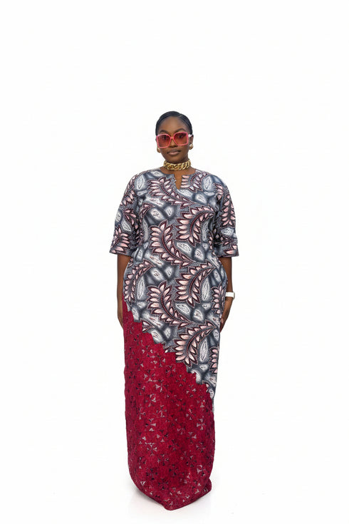IVIORA Luxury Cotton Ankara Boubou Kaftan Maxi Dress With Crystal Stone Embellishment, Cord Lace Hem and Matching Headscarf