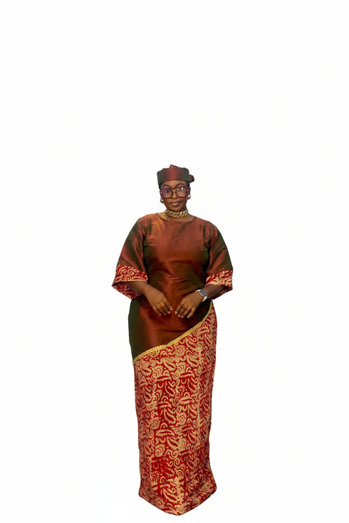 ZIA Luxury Raw Silk and Adire Crepe Diagonal Color Block Boubou Kaftan Maxi Dress With Gold Trim Detail - Only Boubou