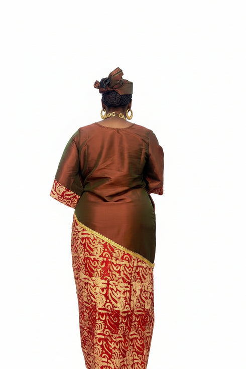 ZIA Luxury Raw Silk and Adire Crepe Diagonal Color Block Boubou Kaftan Maxi Dress With Gold Trim Detail - Only Boubou