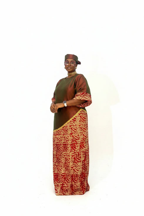 ZIA Luxury Raw Silk and Adire Crepe Diagonal Color Block Boubou Kaftan Maxi Dress With Gold Trim Detail - Only Boubou