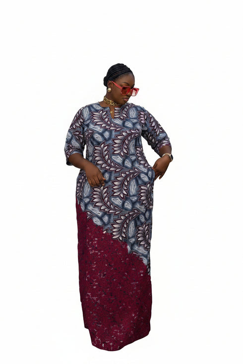 IVIORA Luxury Cotton Ankara Boubou Kaftan Maxi Dress With Crystal Stone Embellishment, Cord Lace Hem and Matching Headscarf