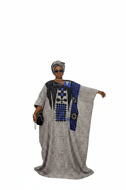 ISABEAU Luxury Thick Tweed Boubou Kaftan Maxi Dress With Tinko Embroidery Panel and Matching Headwrap