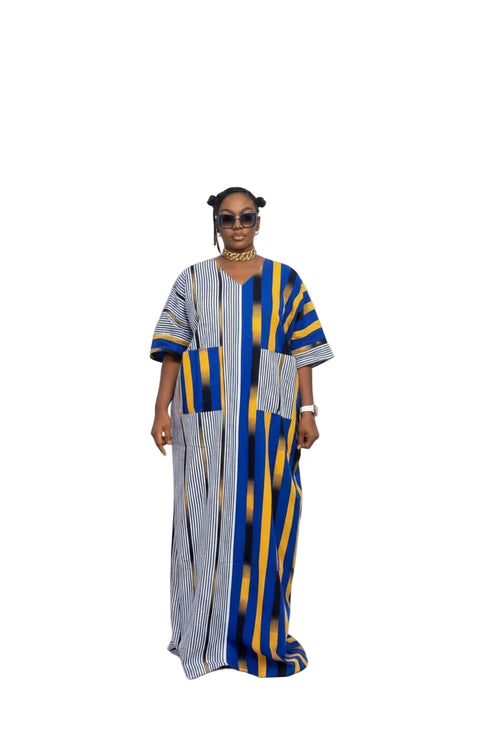REVERIE Luxury Two Fabric African Stripe Print Patchwork Boubou Kaftan Maxi Dress With Front Pockets