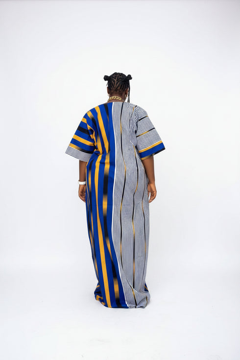 REVERIE Luxury Two Fabric African Stripe Print Patchwork Boubou Kaftan Maxi Dress With Front Pockets
