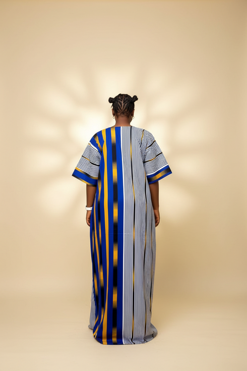 REVERIE Luxury Two Fabric African Stripe Print Patchwork Boubou Kaftan Maxi Dress With Front Pockets