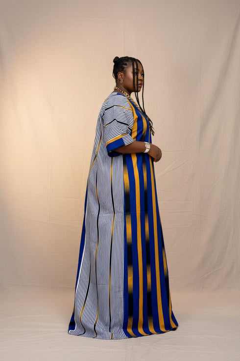 REVERIE Luxury Two Fabric African Stripe Print Patchwork Boubou Kaftan Maxi Dress With Front Pockets