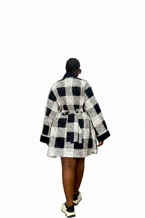 SOLENE Luxury Monochrome 100% Cotton Ankara and Aso Oke Belted Flare Mini Kaftan Dress With Exaggerated Bell Sleeves and Side Pockets