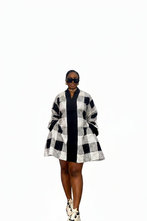 SOLENE Luxury Monochrome 100% Cotton Ankara and Aso Oke Belted Flare Mini Kaftan Dress With Exaggerated Bell Sleeves and Side Pockets