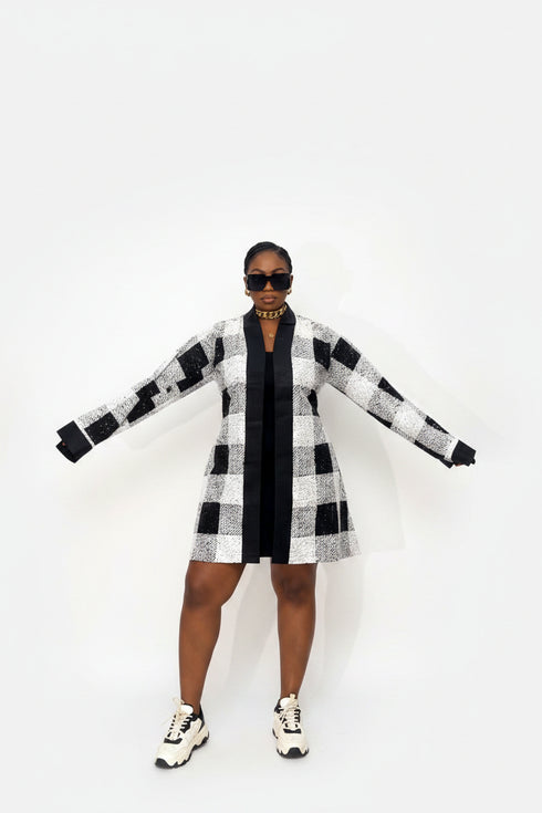 SOLENE Luxury Monochrome 100% Cotton Ankara and Aso Oke Belted Flare Mini Kaftan Dress With Exaggerated Bell Sleeves and Side Pockets