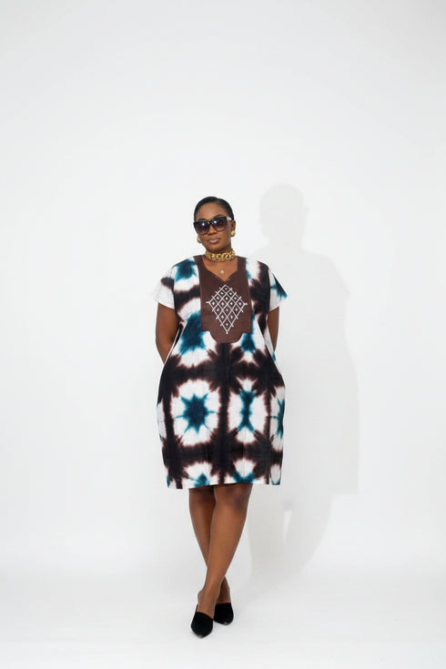 ESTELLE Ankara Kampala Short Dansiki Kaftan Mini Dress With Contrast Embroidered Bib Panel and Side Pockets