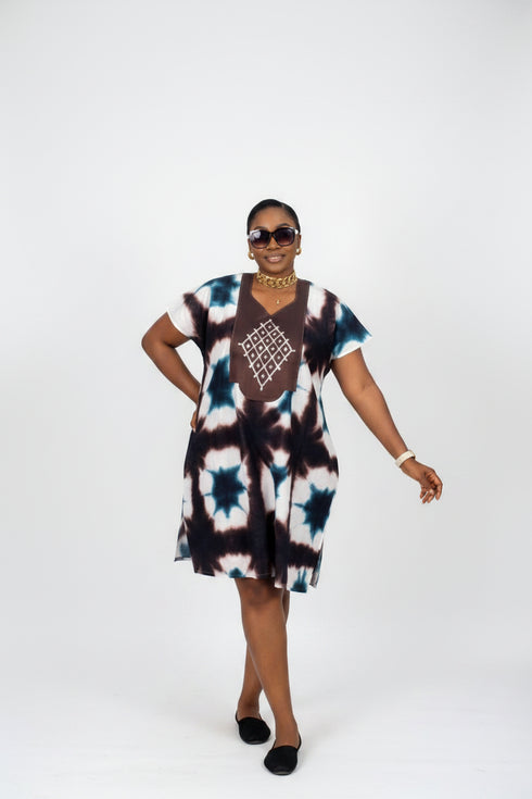 ESTELLE Ankara Kampala Short Dansiki Kaftan Mini Dress With Contrast Embroidered Bib Panel and Side Pockets